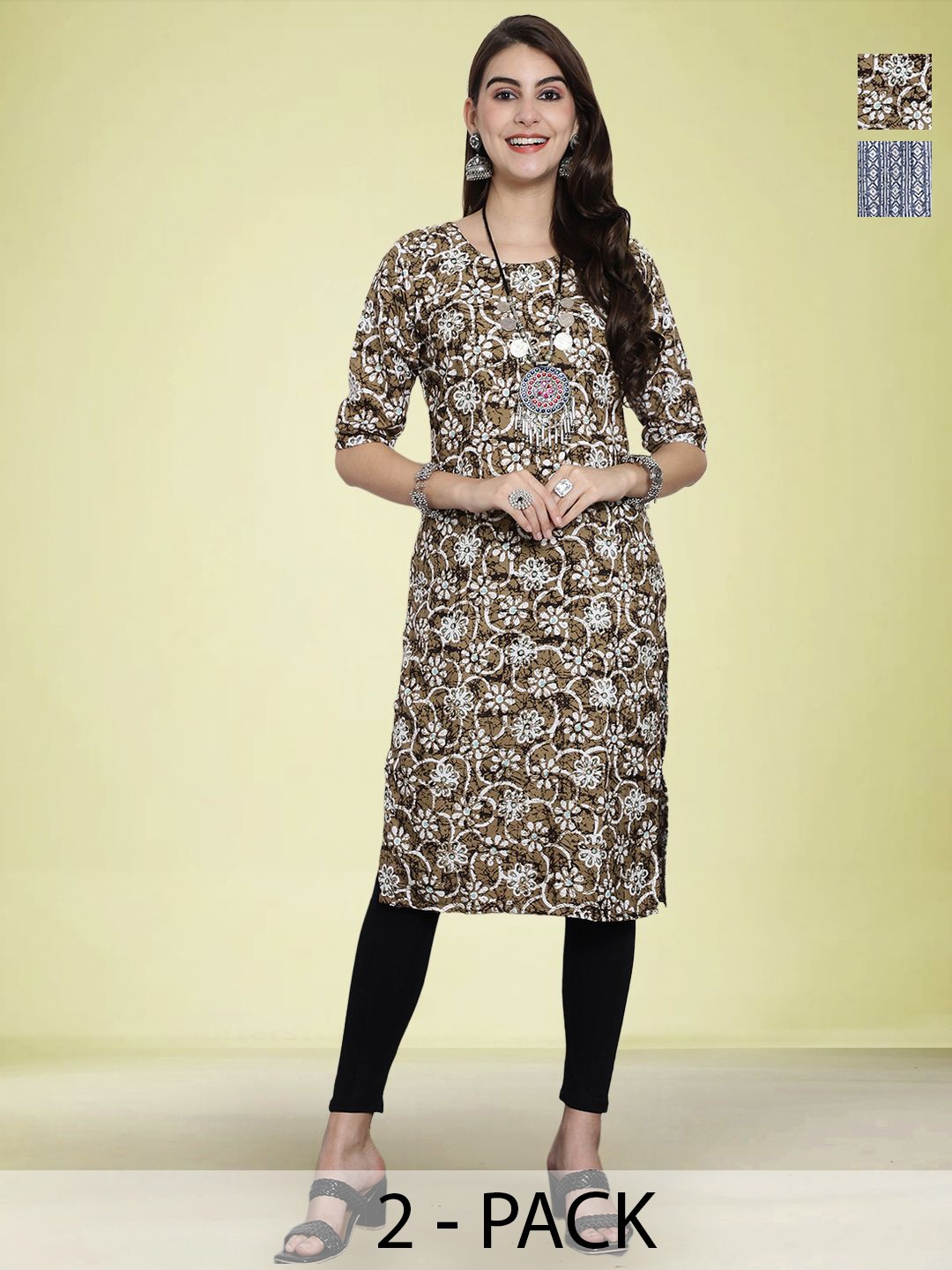 

Moda Rapido Selection Of 2 Floral Printed Round Neck Straight Kurtas, Beige