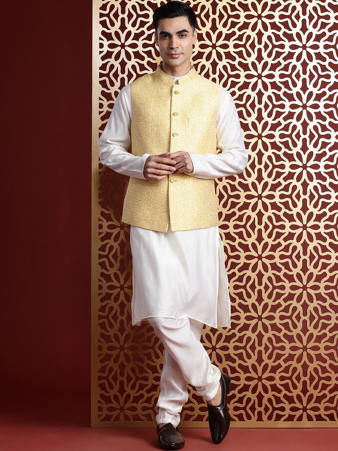 

MANQ Ethnic Motifs Woven Design Nehru Jackets, Yellow