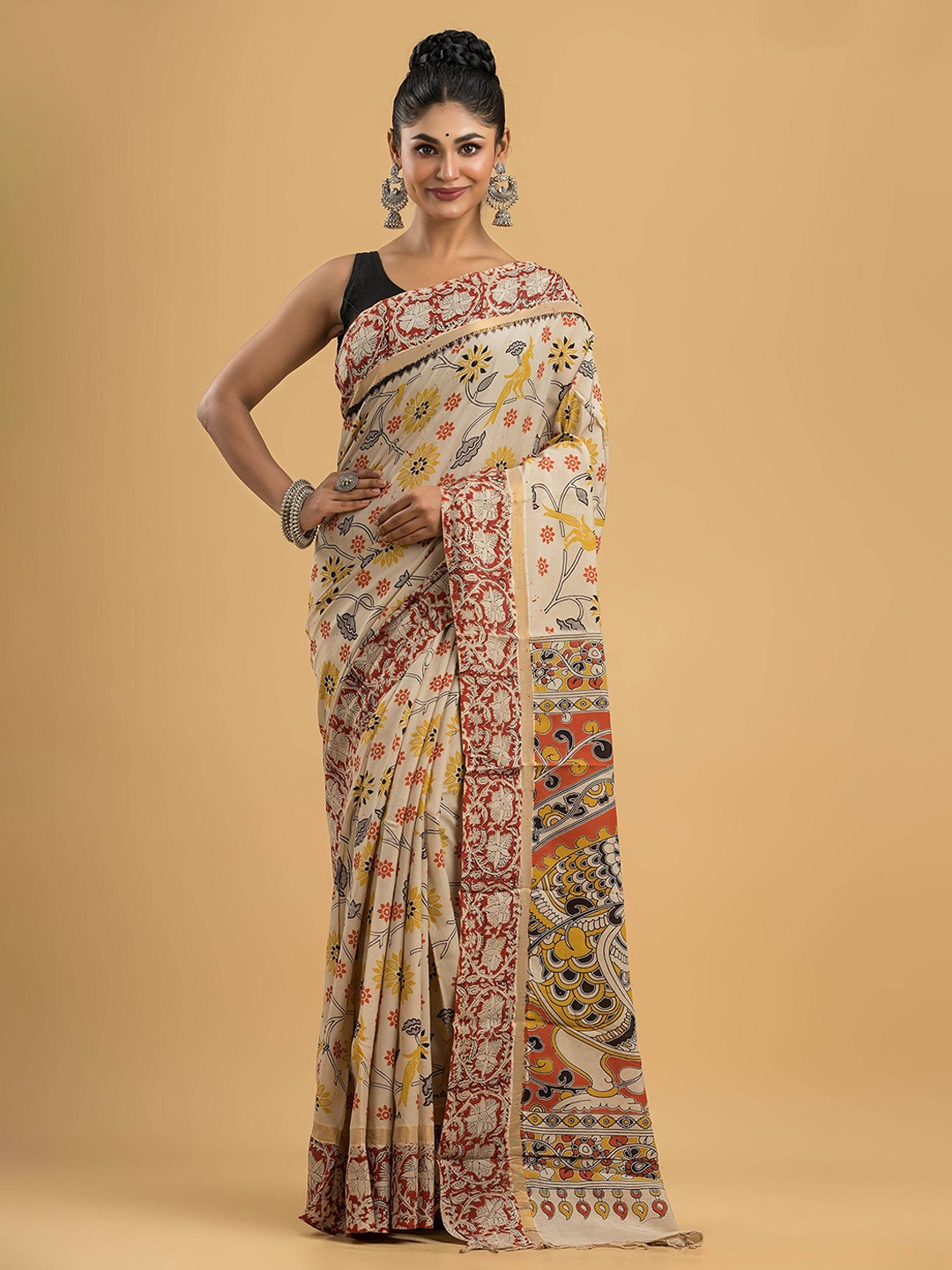 

Dheu Kalamkari Printed Pure Cotton Block Print Saree, Beige