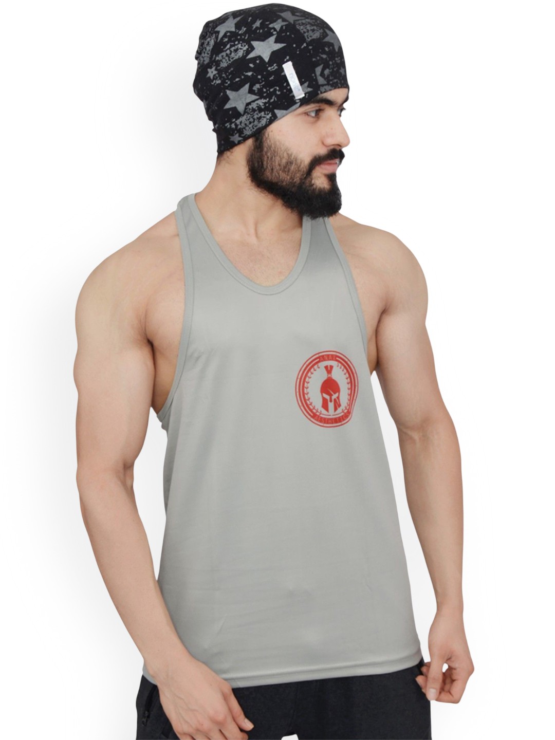 

Anax Aesthetics Men Polyester Dri-Fit Printed Sleeveless Sando Gym Vest Stringer Tank Top, Grey