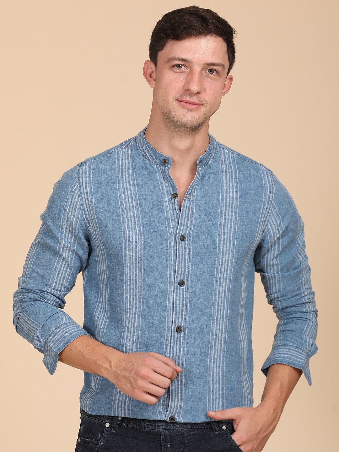 

Eve - Indigo Washed Striped Shirt - Blue