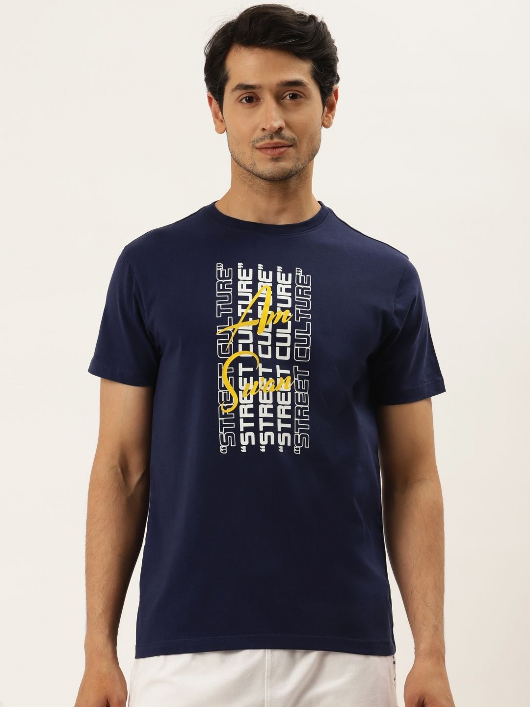 

AMSWAN Men Typography Printed Applique T-shirt, Navy blue