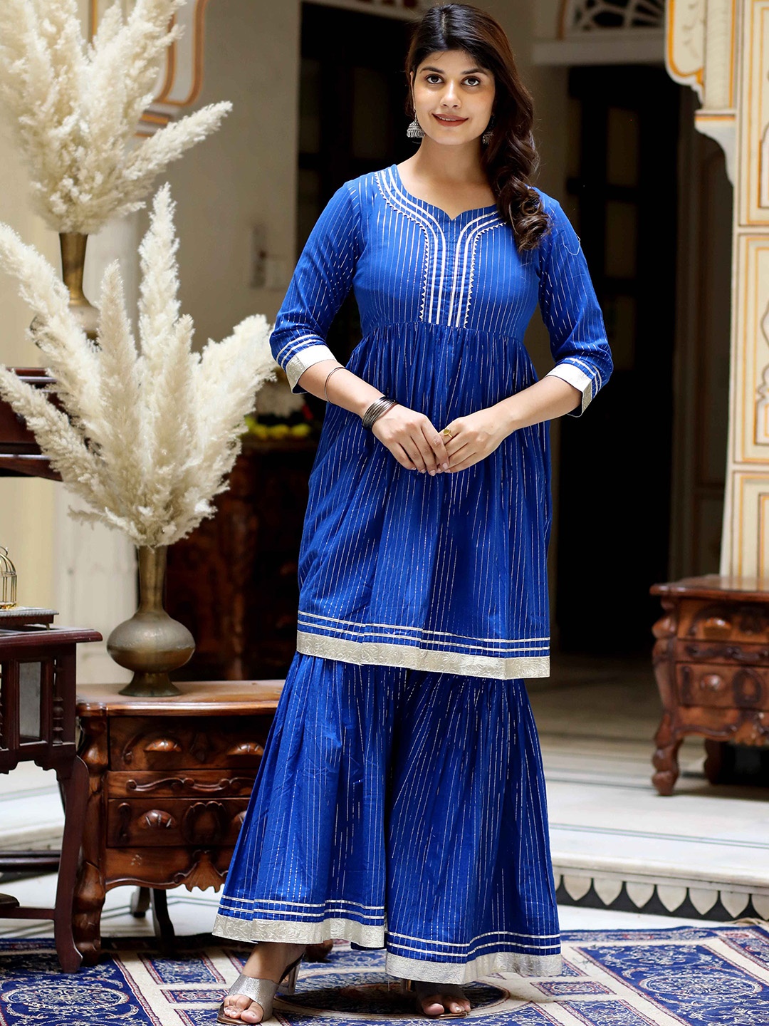 

Doriyaan Women Striped Regular Gotta Patti Pure Cotton Kurti with Sharara, Blue