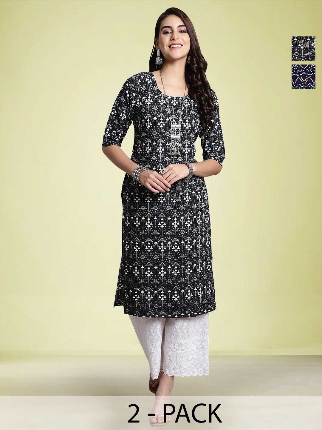 

Moda Rapido Pack Of 2 Printed Round Neck Kurtas, Black