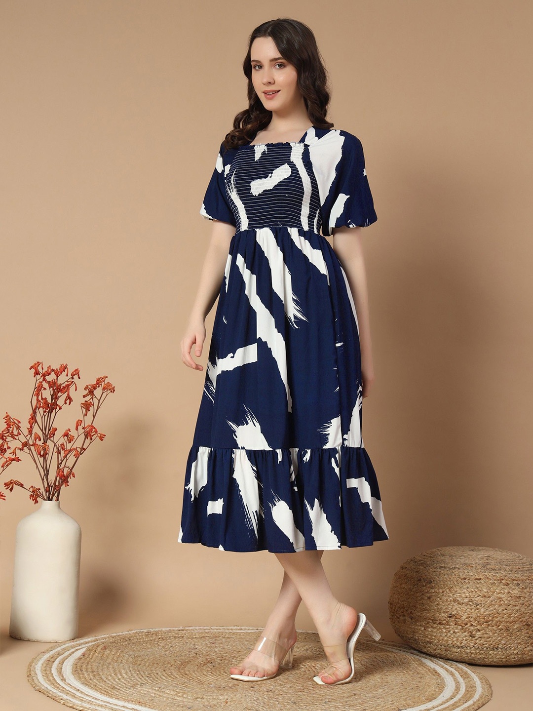 

Vastani Enterprise Print Puff Sleeve Crepe Fit & Flare Dress, Navy blue