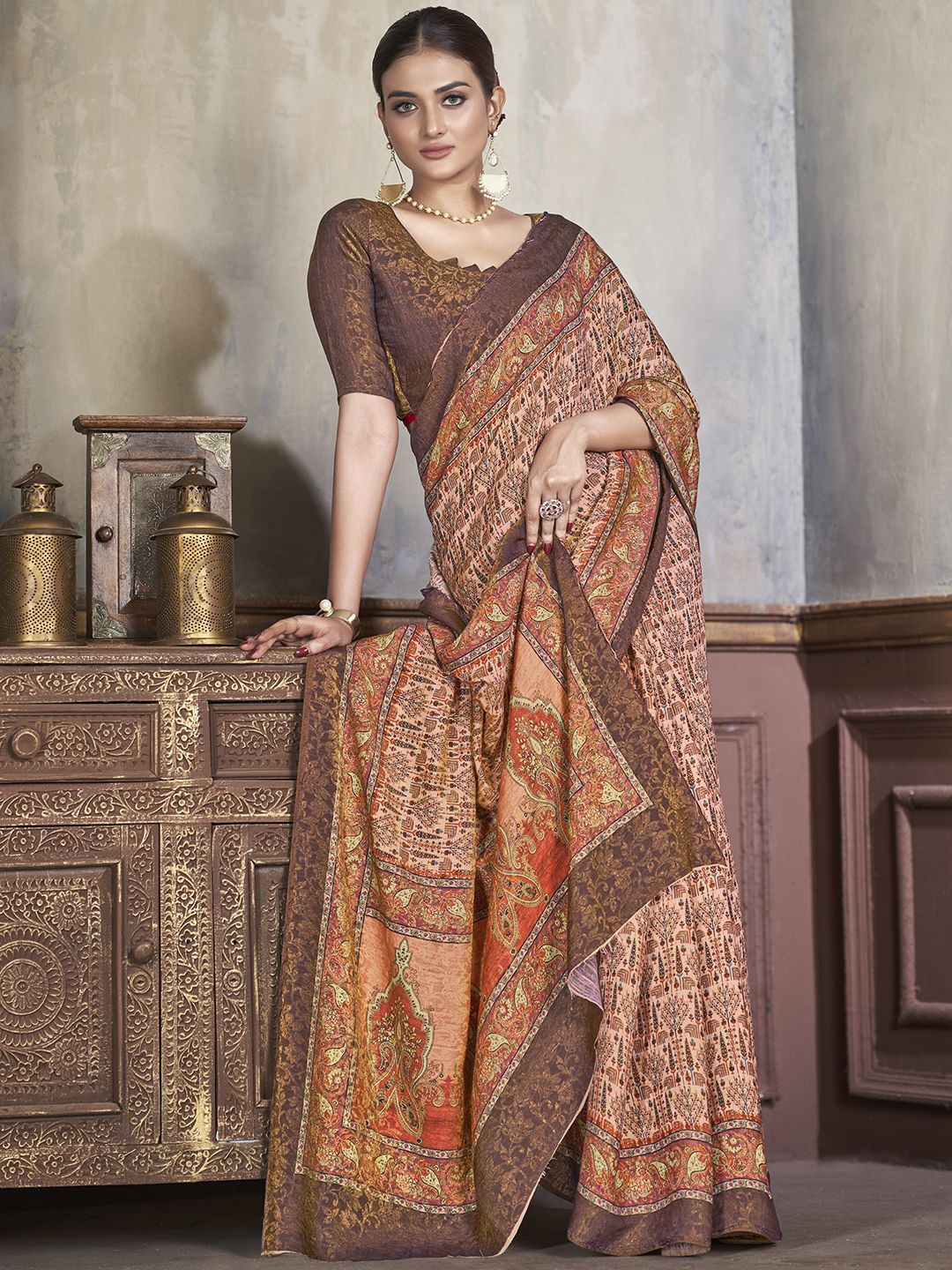 

Krimmple Paisley Printed Pure Silk Saree, Brown