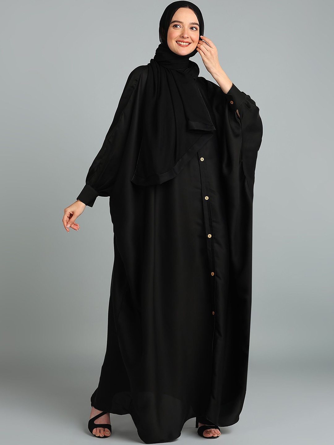 

BROKE BRAND Women Round Neck Button Down Kaftan Abaya Burqa, Black