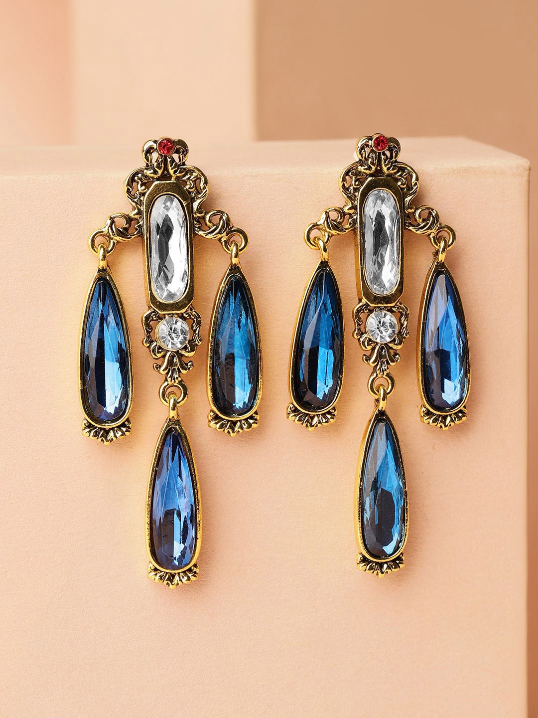 

Rubans 18K Antique Gold-Plated Blue & White Stone Chandelier Earrings