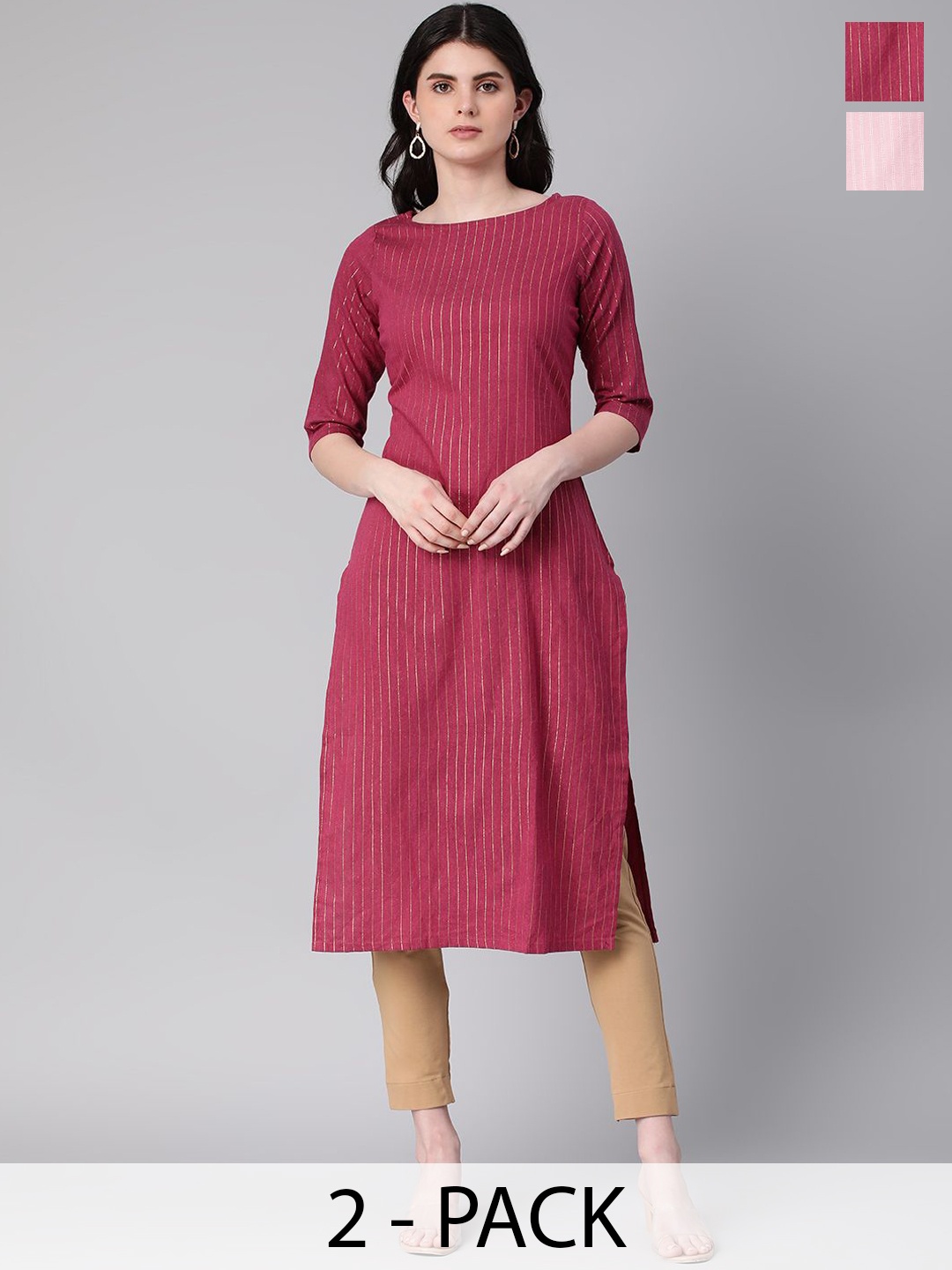 

KALINI Selection Of 2 Striped Round Neck Straight Kurta, Maroon
