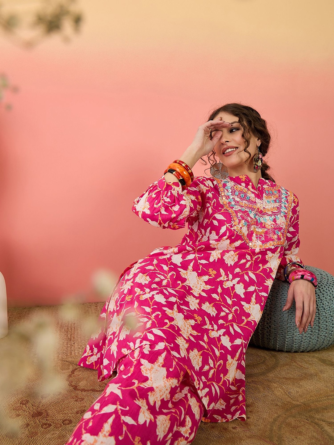 

Sangria Pink Floral Printed Embroidered Mandarin Collar Pure Cotton Tunic With Trouser