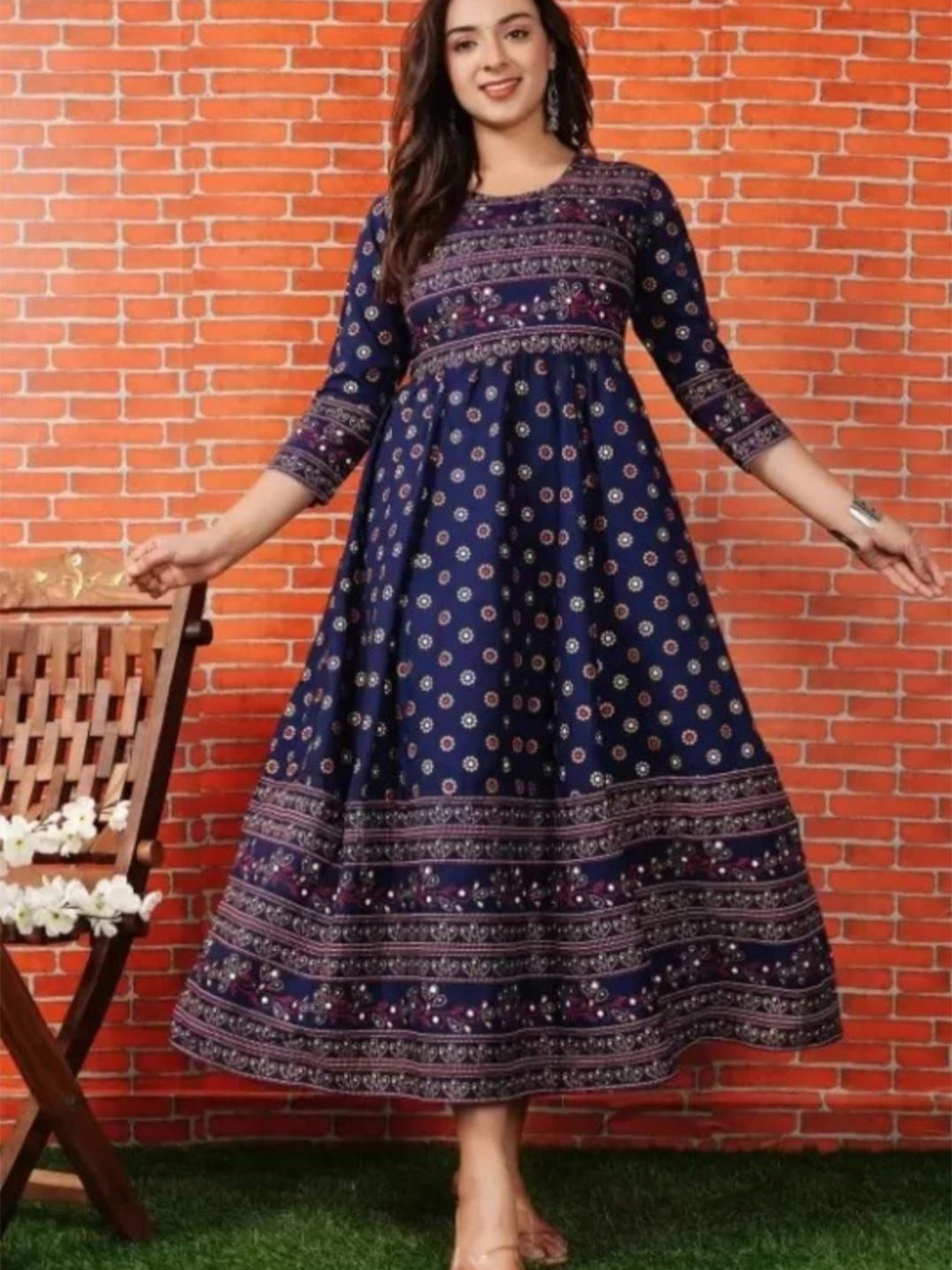 

Vorcia Febtex Women Block Printed Round Neck Anarkali Dress, Blue