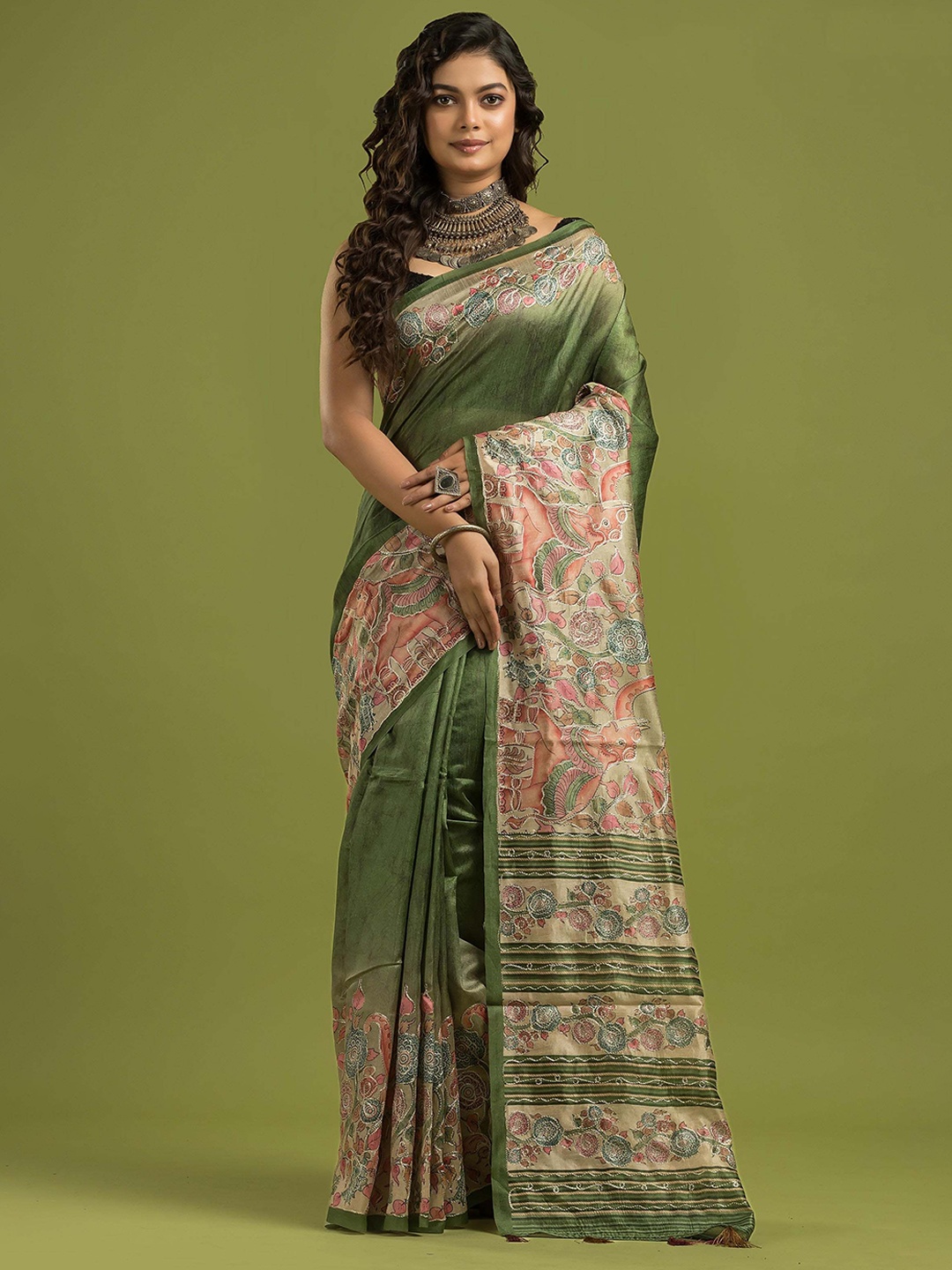 

Dheu Kalamkari Printed Embroidered Block Print Saree, Green