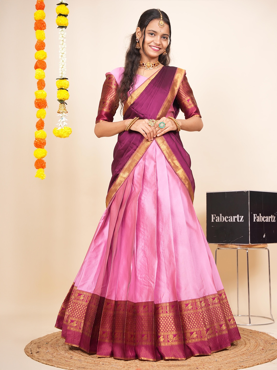 

Fabcartz Semi-Stitched Lehenga & Unstitched Blouse With Dupatta, Pink