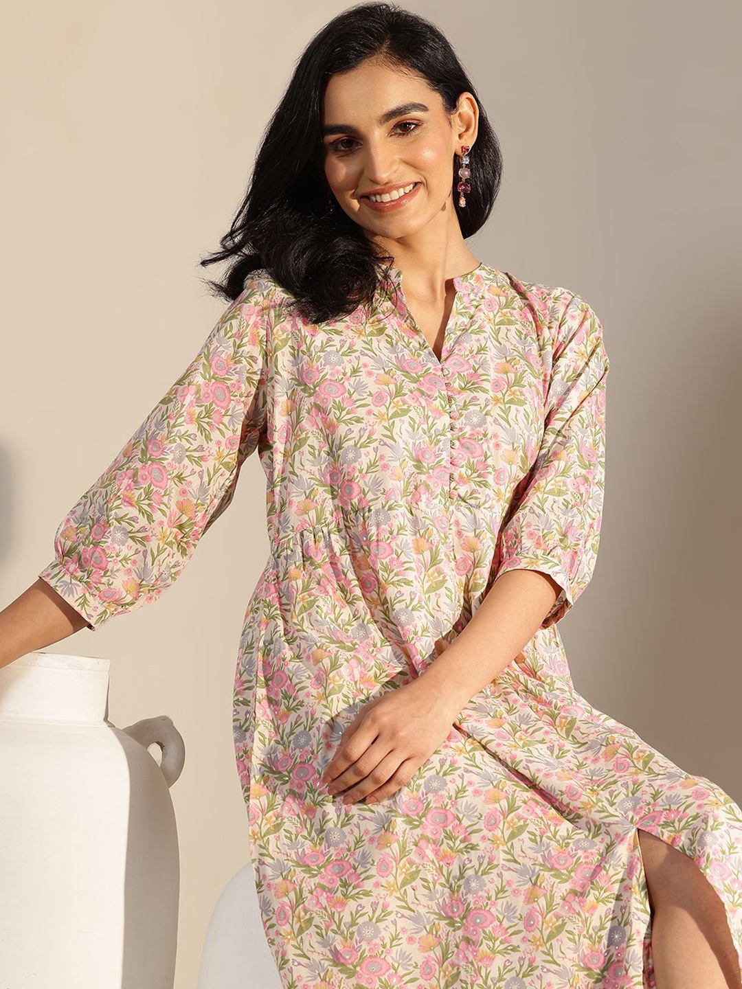 

Libas Floral Print Puff Sleeve A-Line Midi Dress, Pink