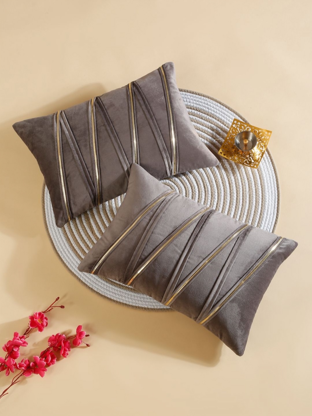 

HOSTA HOMES Yellow 2 Pieces Patch Striped Velvet Rectangle Cushion Covers, Grey