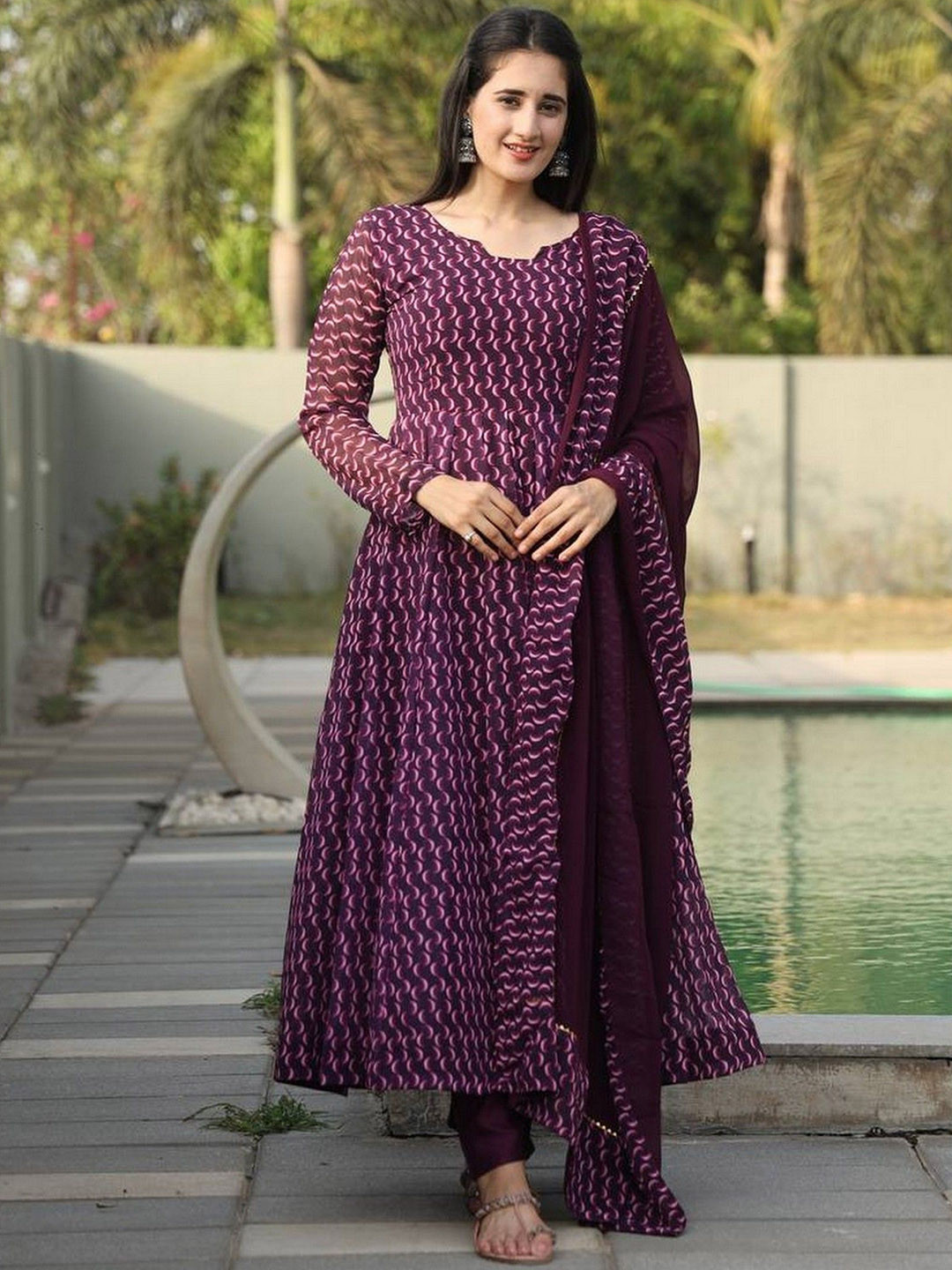 

ZEEPKART Women Regular Silk Georgette Kurta with Trousers & With Dupatta, Purple