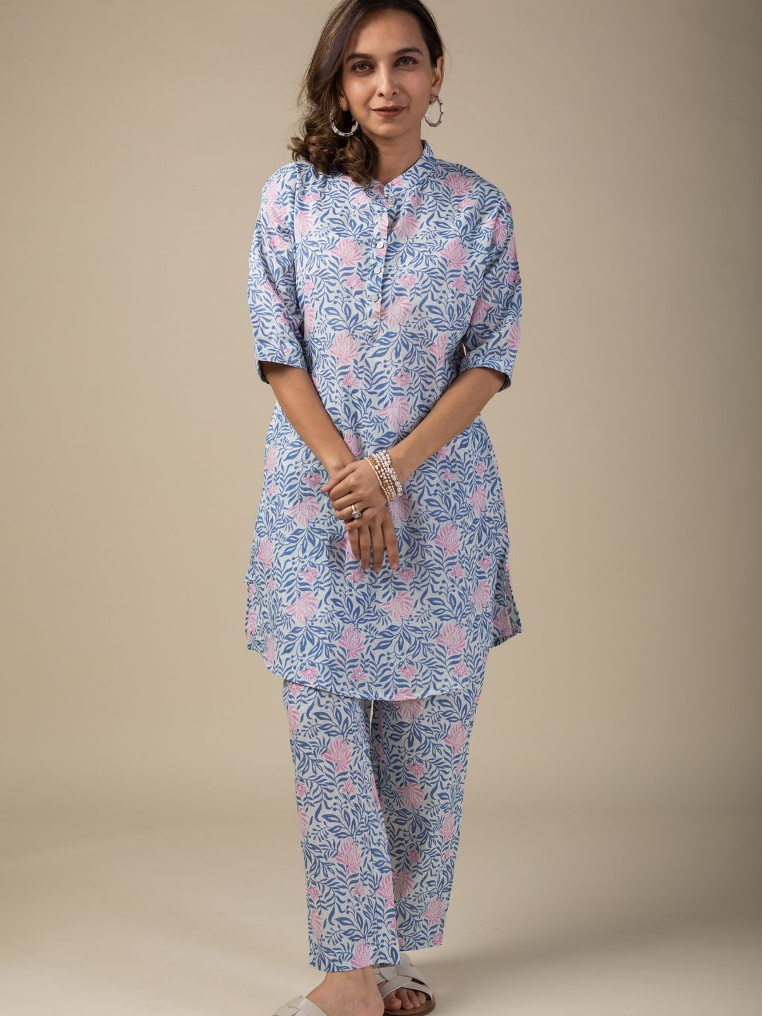 

KUSVAA Floral Printed Pure Cotton Tunic With Trousers, Blue