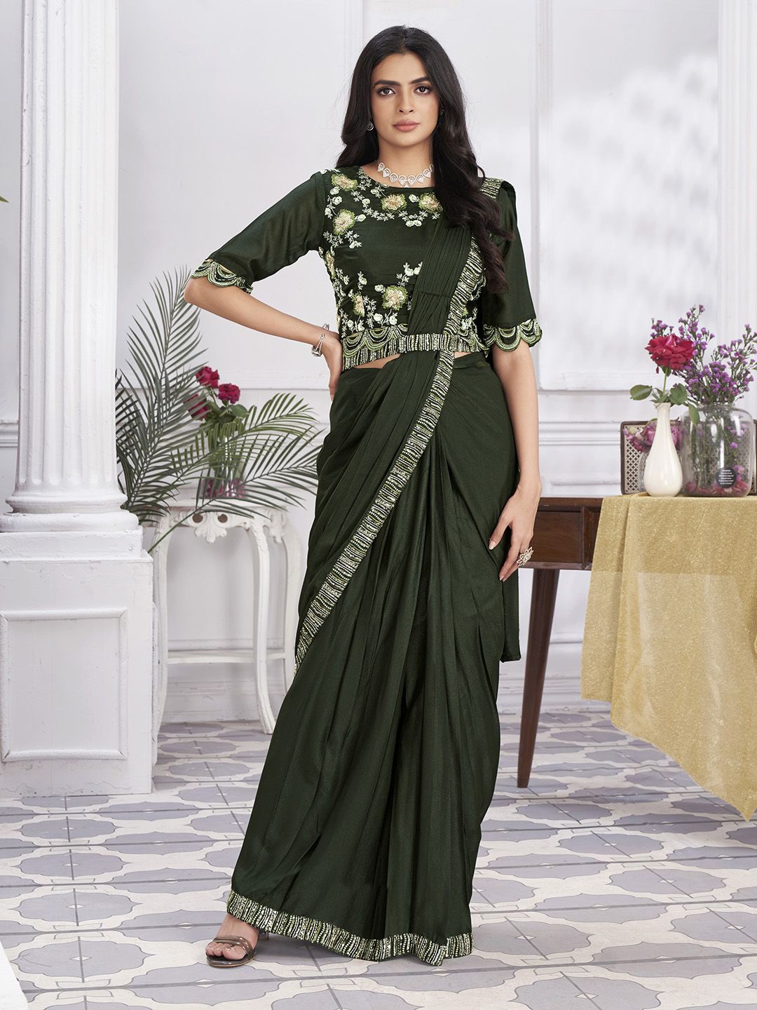 

Krimmple Sequinned Pure Georgette Ready to Wear Saree, Olive