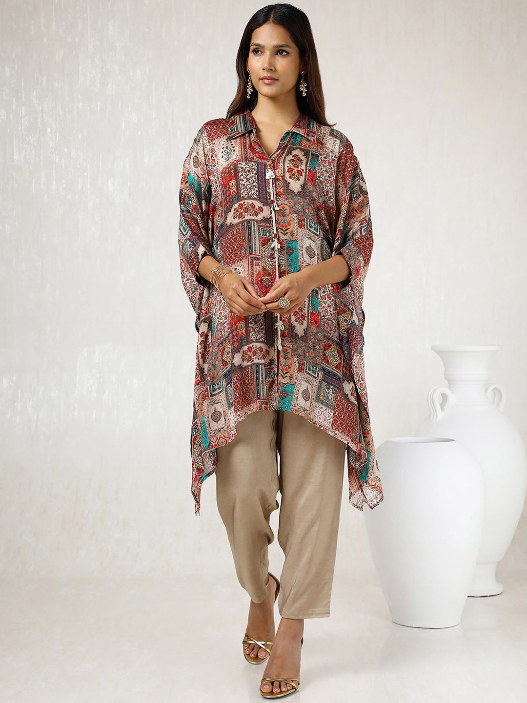 

Soch Women Ethnic Motifs Printed Regular Beads and Stones Kurta with Trousers, Red