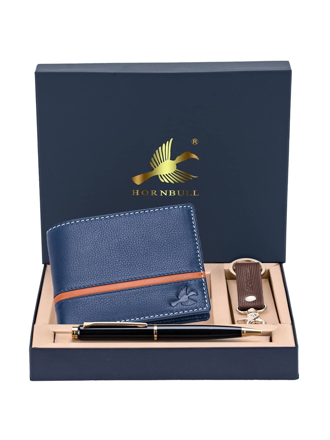 

Hornbull Men Denial Navy Leather Wallet, Keyring & Pen Combo Accessory Gift Set, Navy blue