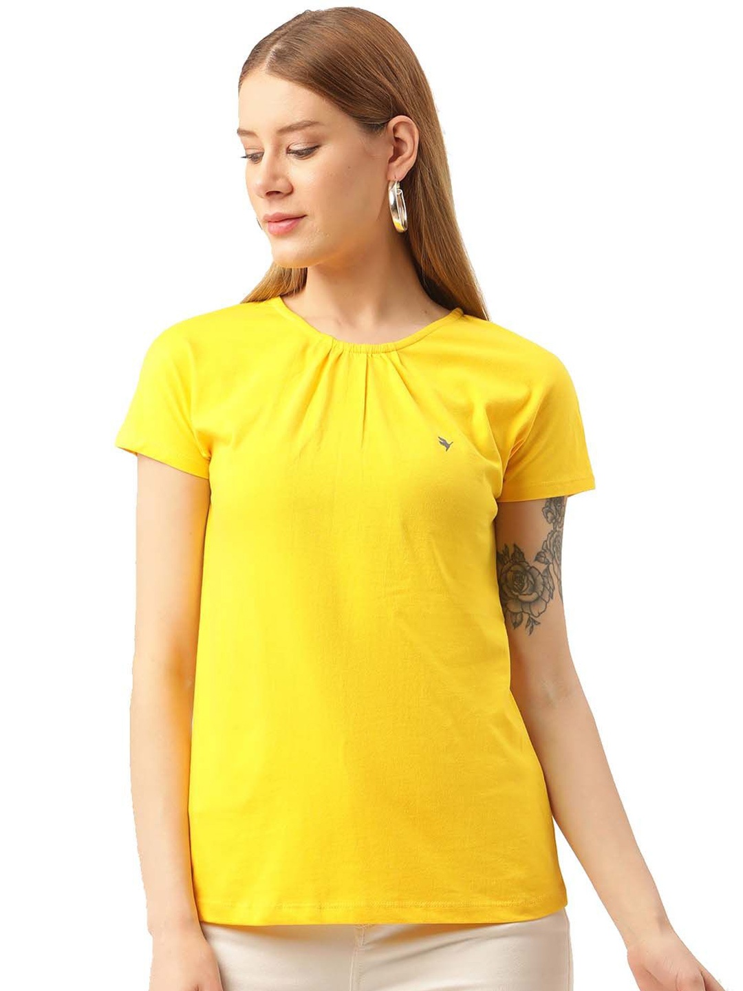 

AMSWAN Women Cotton Half Sleeve Tops, Yellow