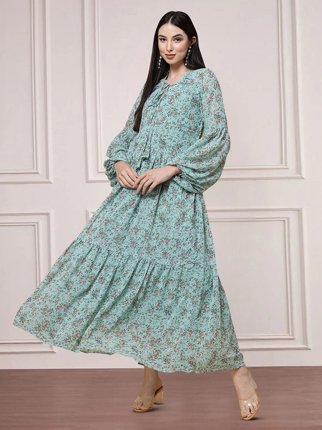 

MISS AYSE Women Floral Printed Tie-Up Neck Applique Fit & Flare Dress, Blue