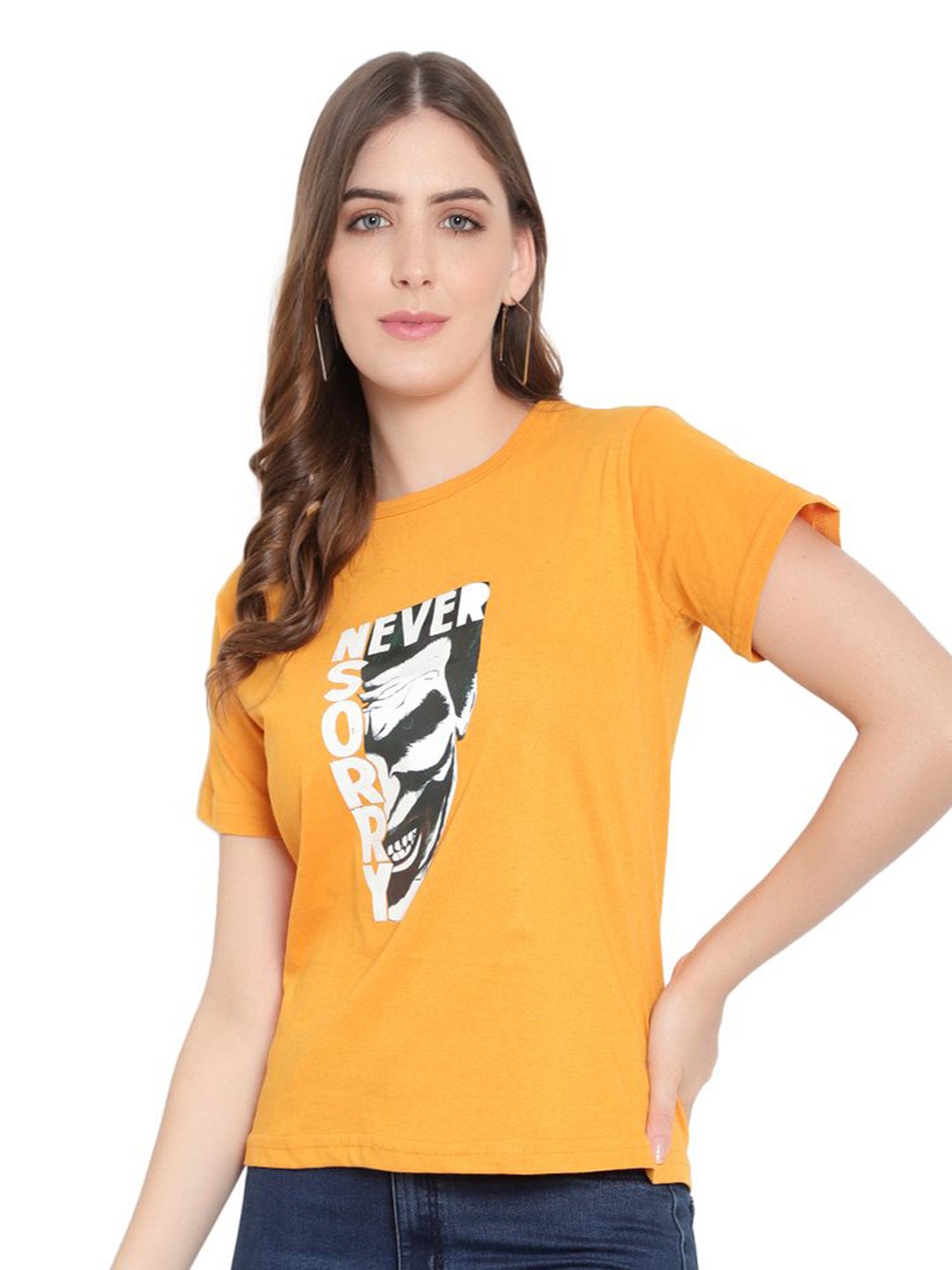 

DEEPMAYRA COLLECTION Women Typography Printed Cotton T-shirt, Mustard