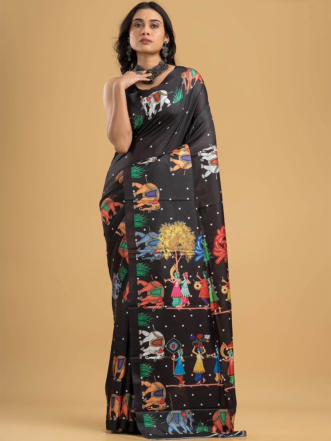 

Dheu Ethnic Motifs Block Print Saree, Black