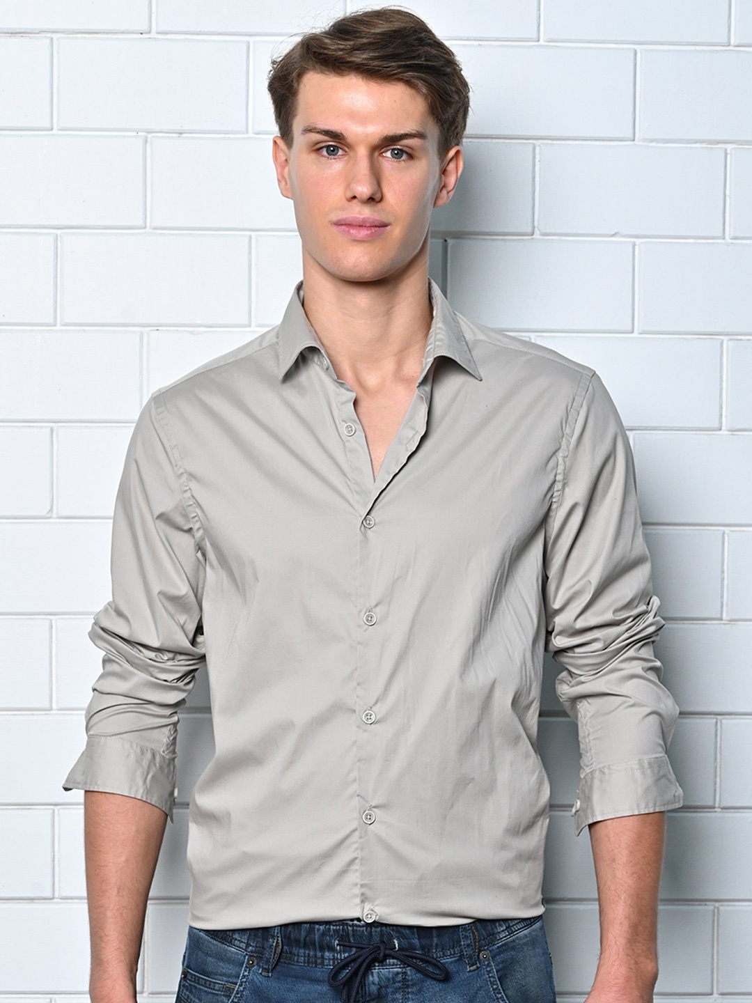 

POE Men Cupid - Cotton Lycra Solid Shirt - Grey