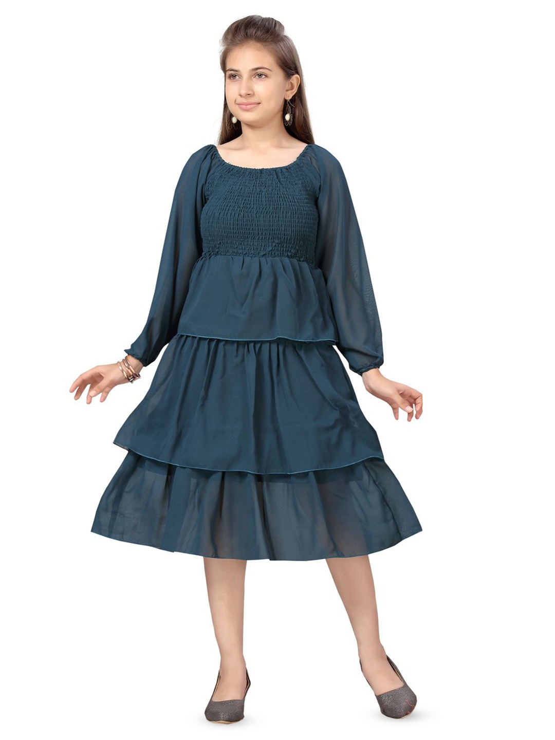 

HERE&NOW Girls Puff Sleeve Georgette Fit & Flare Midi Dress, Green