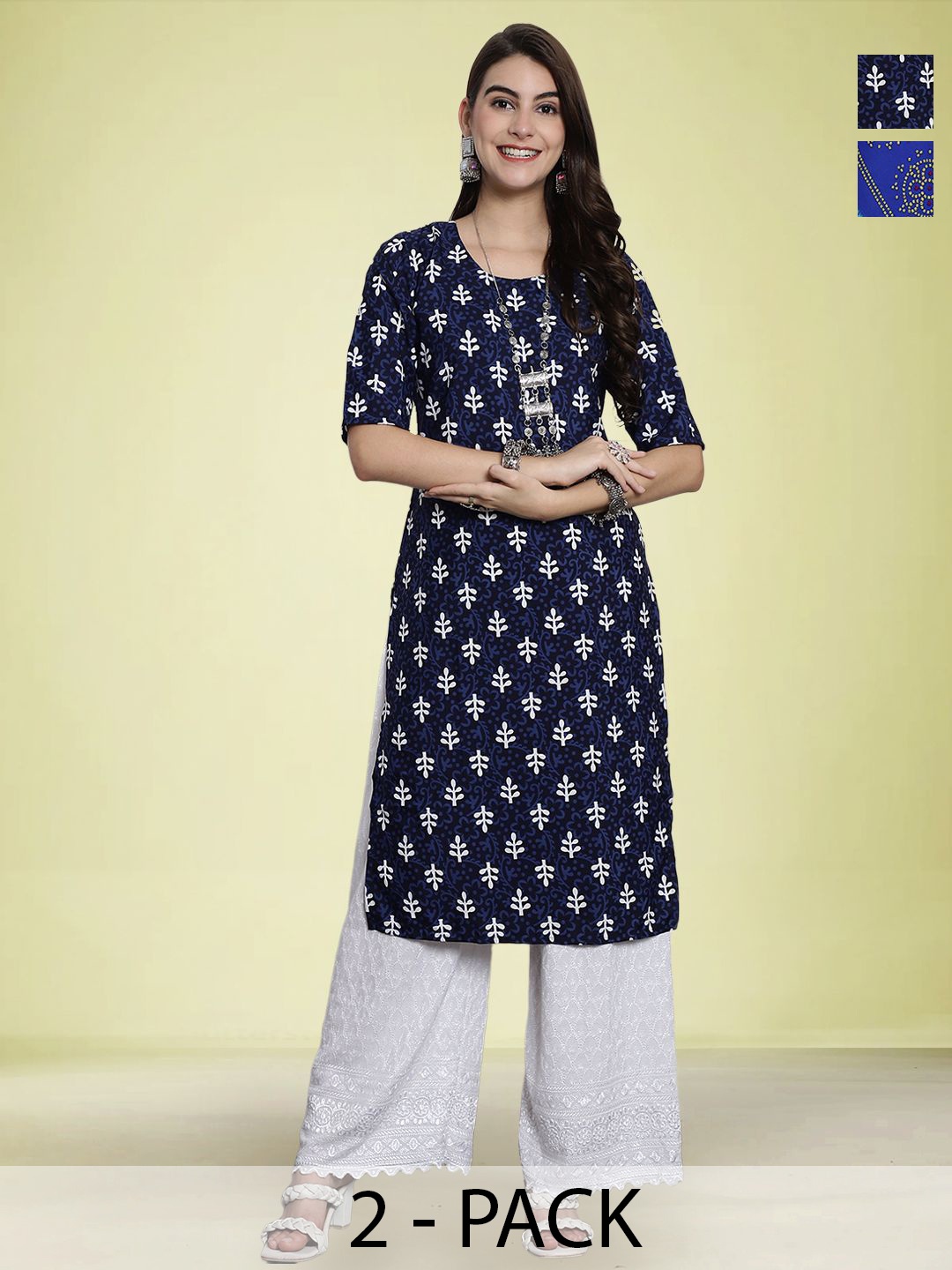 

Moda Rapido Selection Of 2 Floral Printed Round Neck Straight Kurta, Blue