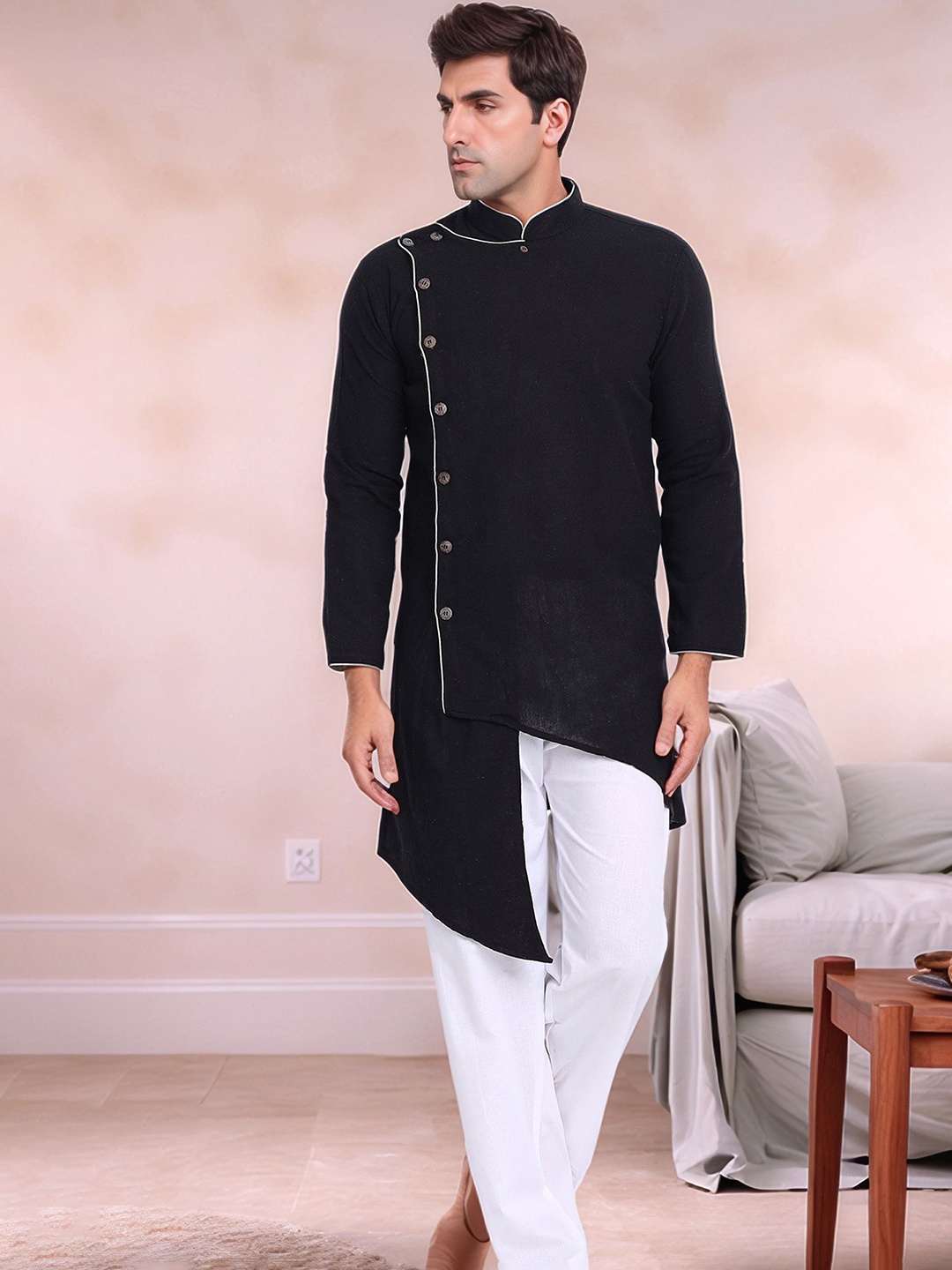 

Moda Rapido Mandarin Collar Angrakha Pure Cotton Kurta With Pyjamas, Black