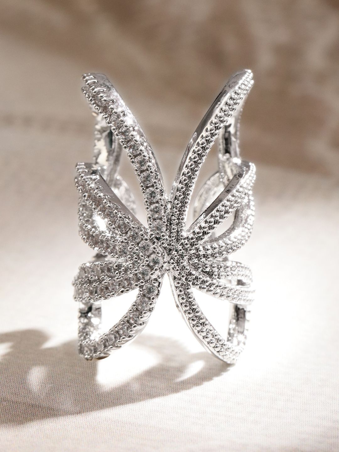 

Rubans Rhodium-Plated Cubic Zirconia Studded Butterfly Design Openable Ear Cuff Earrings, Silver