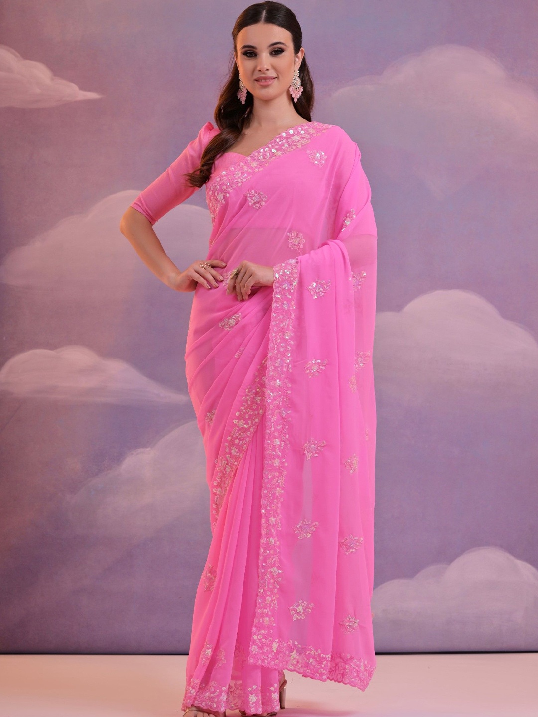 

LeeliPeeri Designer Embellished Sequinned Poly Georgette Saree, Pink