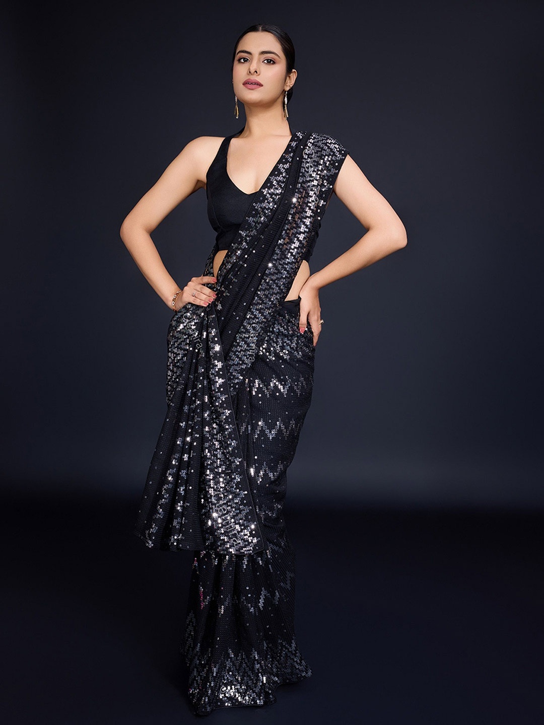 

CLEMIRA Embellished Sequinned Pure Georgette Saree, Black