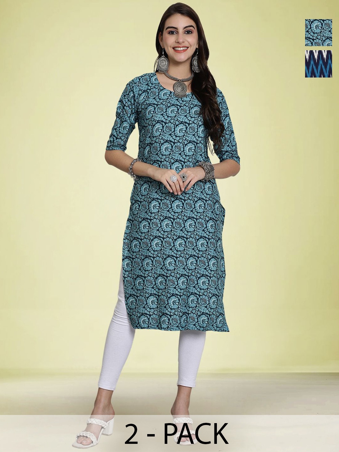 

Moda Rapido Selection Of 2 Floral Printed Round Neck Straight Kurtas, Navy blue