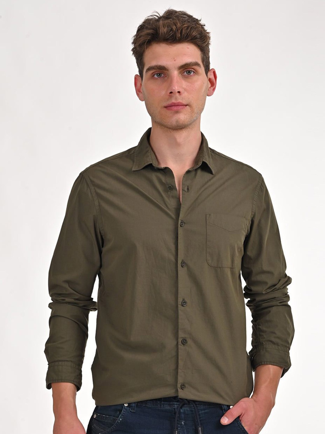 

POE Men Frank - Cotton Solid Shirt - Olive