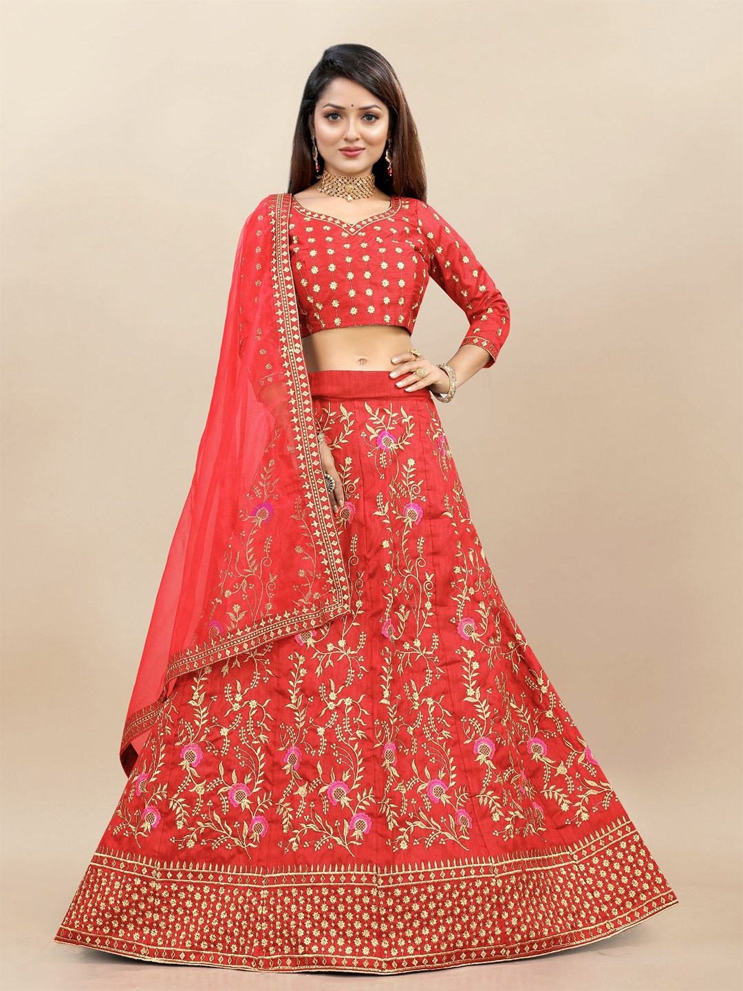 

A TO Z CART Embroidered Semi-Stitched Lehenga & Unstitched Blouse With Dupatta, Red