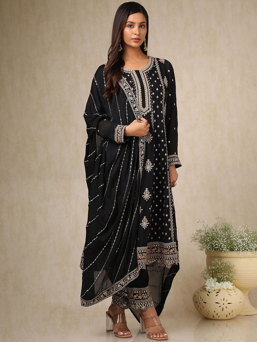 

Soch Women Ethnic Motifs Embroidered Angrakha Sequinned Kurta with Trousers & With Dupatta, Black