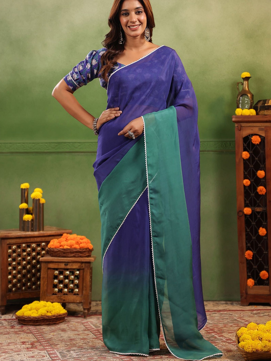 

Moora Ombre Organza Saree, Blue