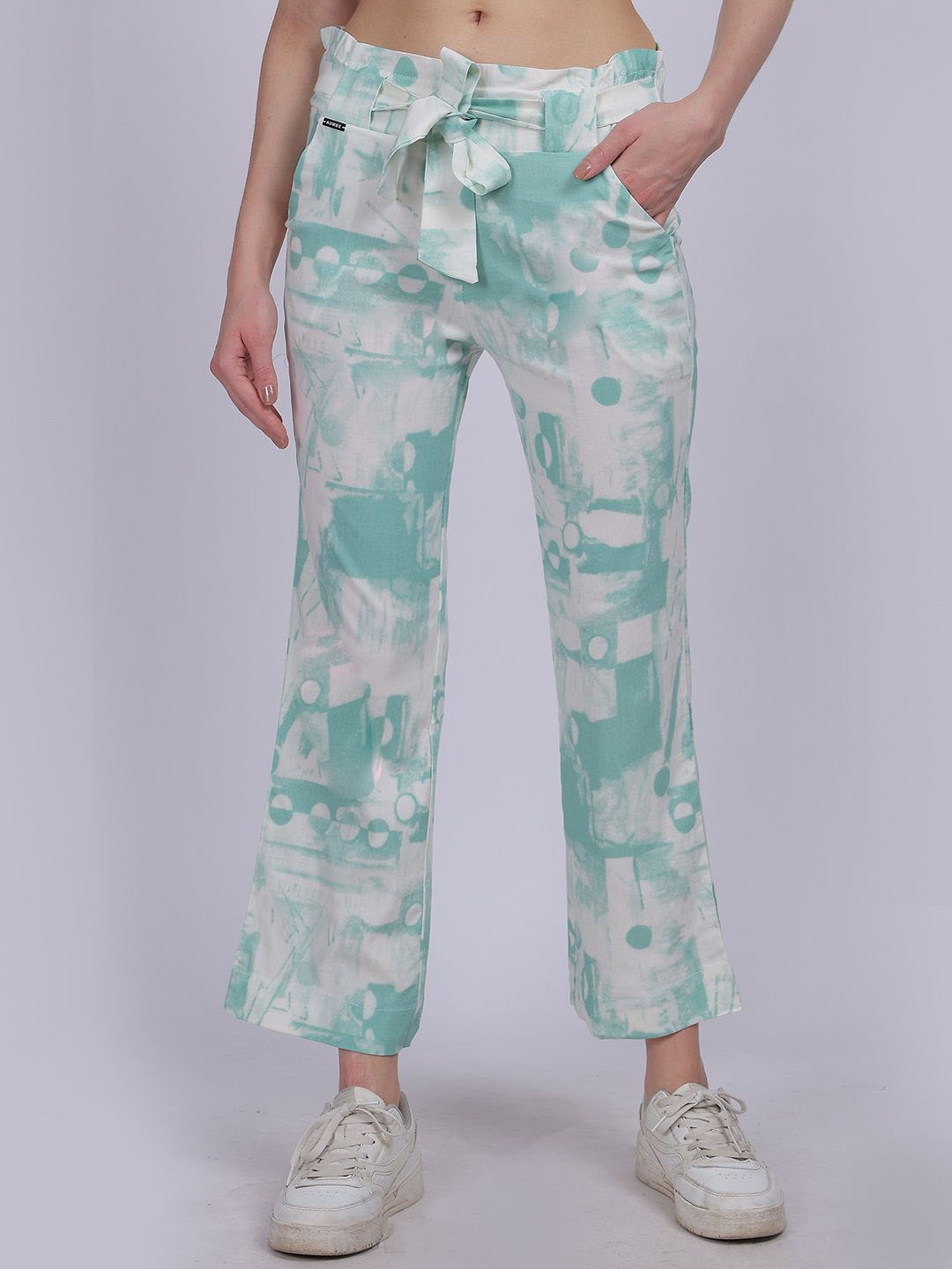 

Aumbe Women Abstract Printed Cotton Straight Fit Parallel Trousers, Green
