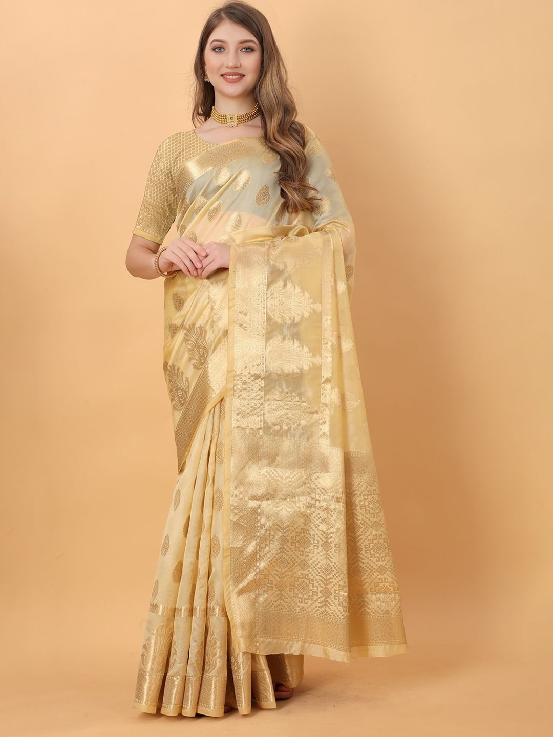 

DHRUTI CREATION Woven Design Zari Organza Saree, Beige