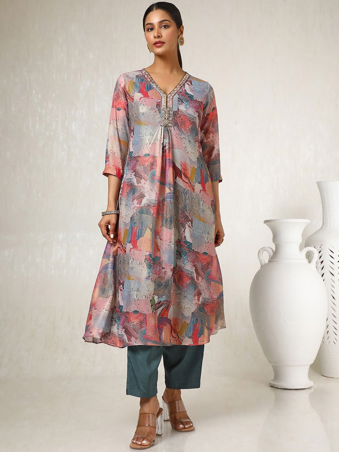 

Soch Women Floral Printed Regular Mirror Work Kurta with Trousers, Grey