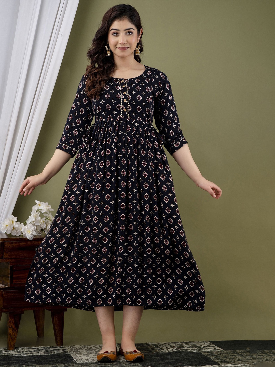 

FEMARY Fit and Flare Ethnic Motifs Maternity Midi Dress, Black