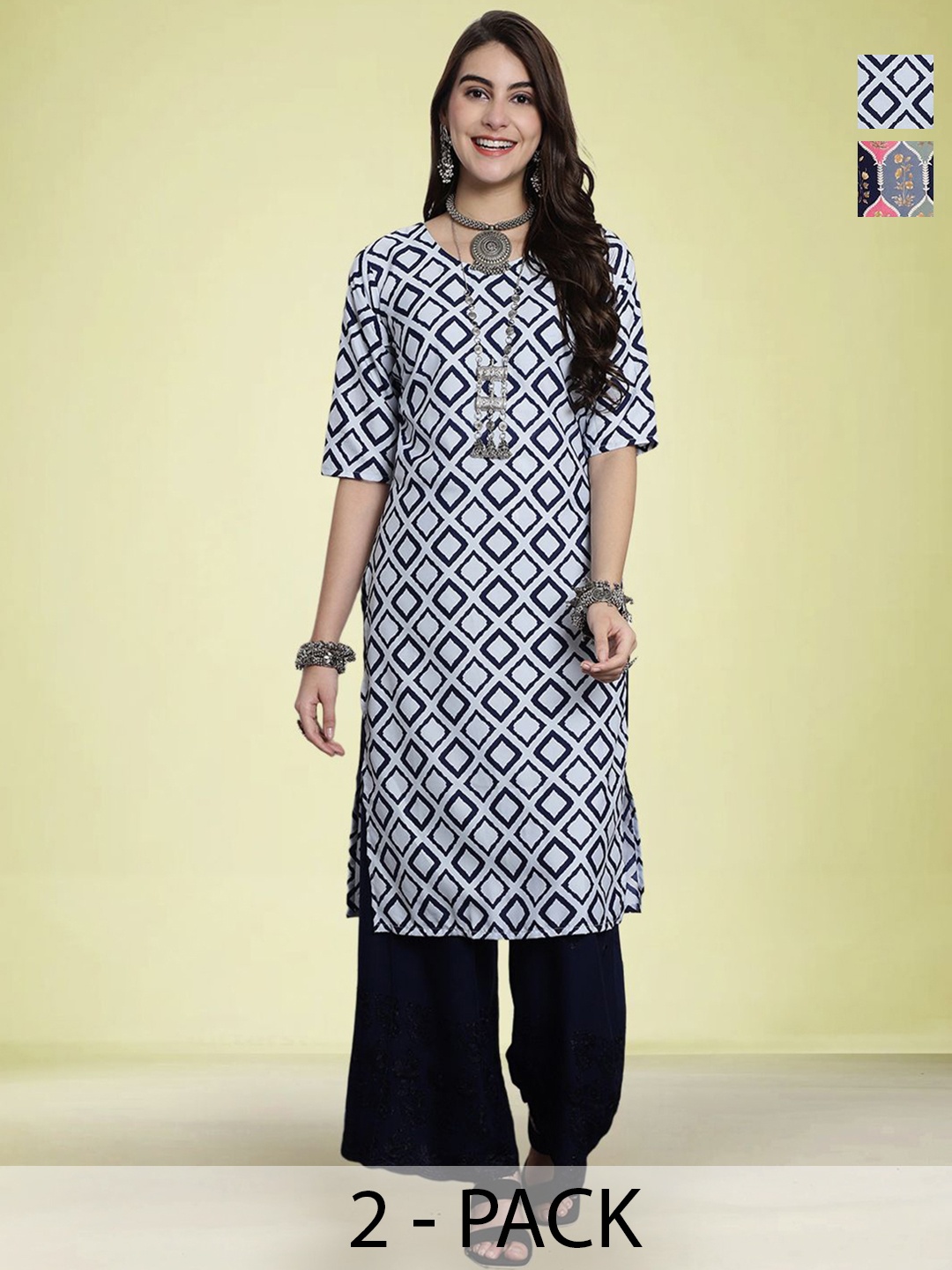 

Moda Rapido Selection of 2 Ethnic Motifs Printed Round Neck Kurta, White