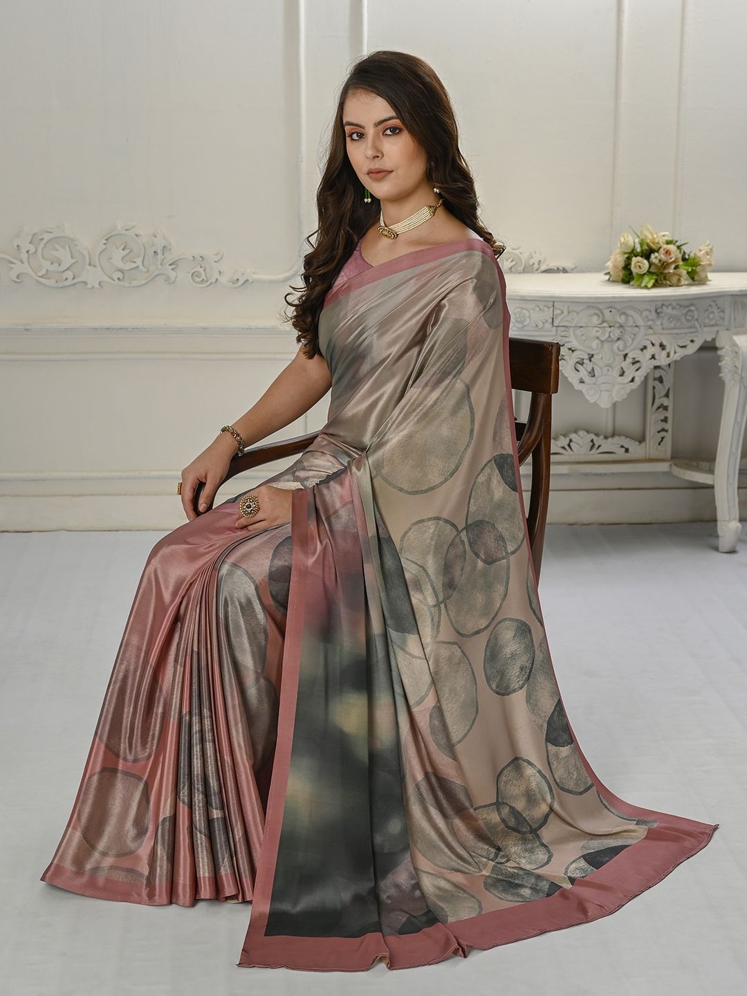 

Krimmple Geometric Printed Mysore Silk Saree, Peach