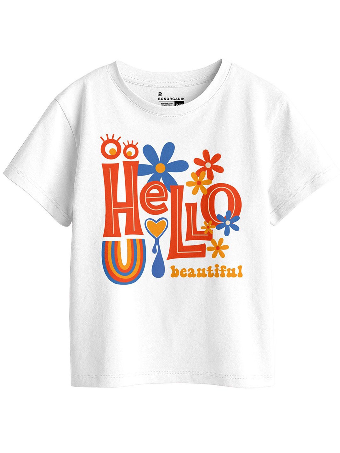 

BonOrganik Girls Printed Pure Cotton Applique T-shirt, White