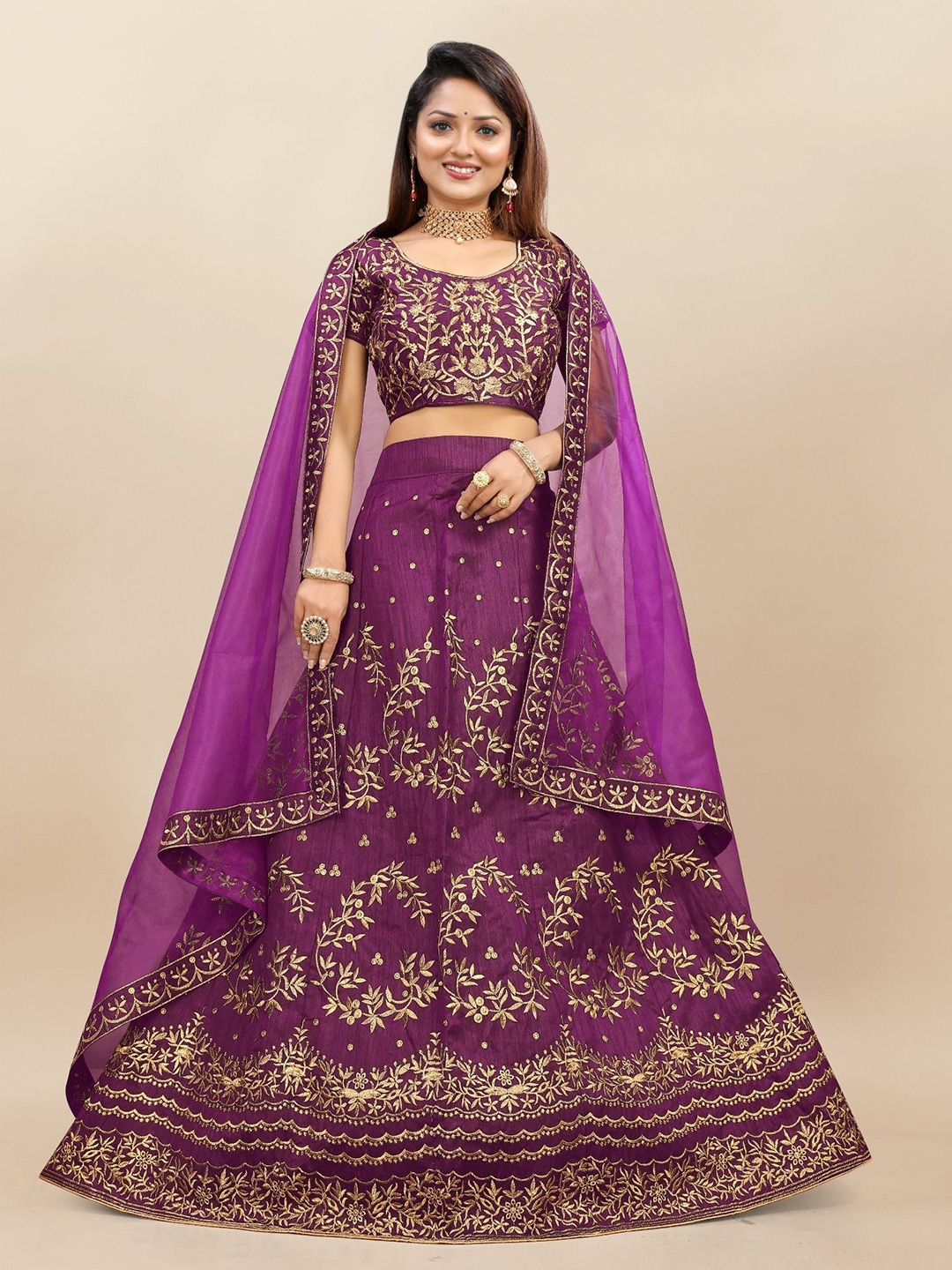 

A TO Z CART Embroidered Thread Work Semi-Stitched Lehenga & Unstitched Blouse With Dupatta, Purple