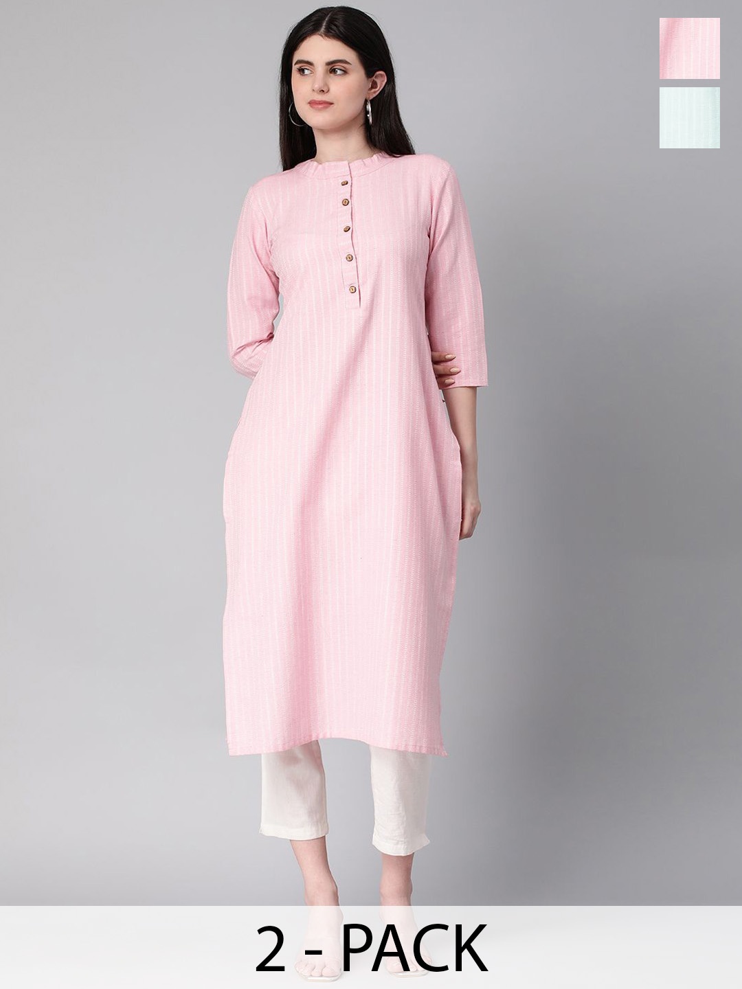 

KALINI Selection Of 2 Striped Round Neck Straight Kurtas, Pink