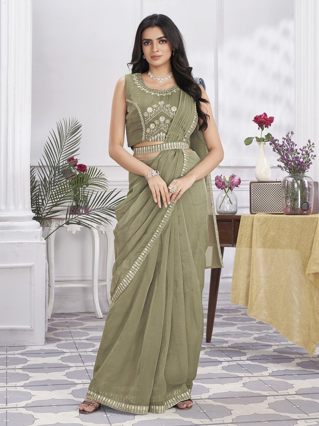 

Krimmple Organza Saree, Green